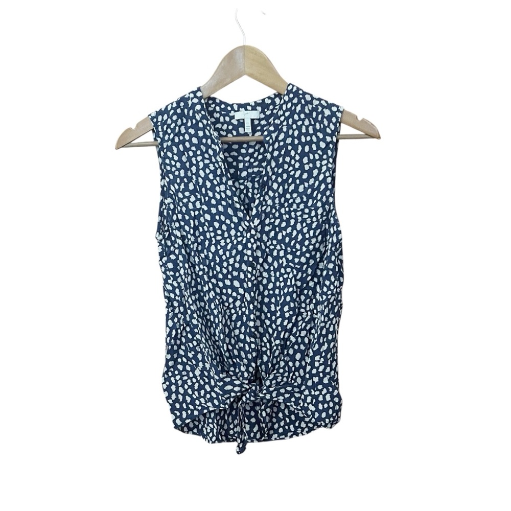 Joie Navy White Patterned Spot Sleeveless Button Down Blouse Front Tie 100% Silk